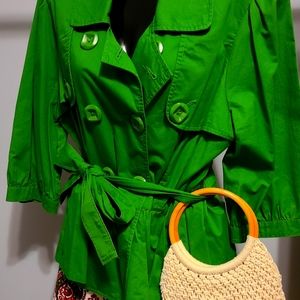 BRIGHT green cotton jacket and skirt combo with vintage purse
